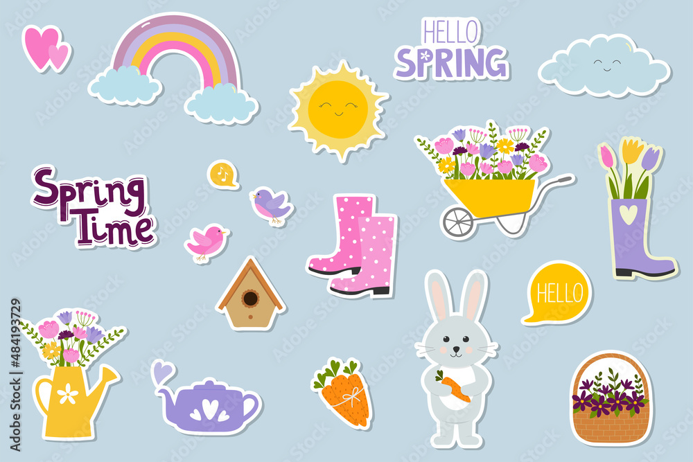 Fototapeta premium Spring stickers set. Design elements for scrapbooking, greeting card, party invitation, poster, tag, sticker kit.