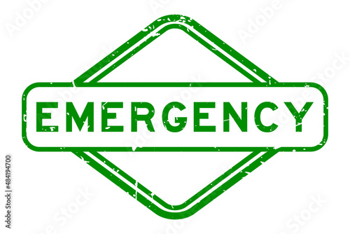 Grunge green emergency word rubber square seal stamp on white background