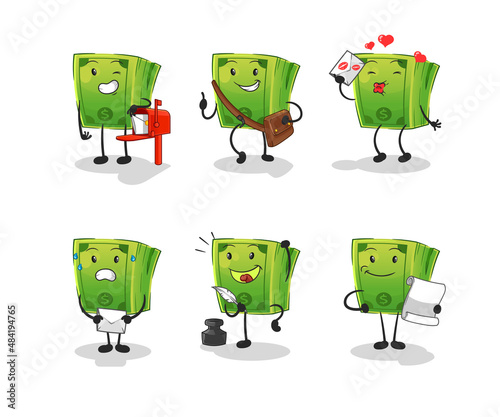 money postman set character. cartoon mascot vector