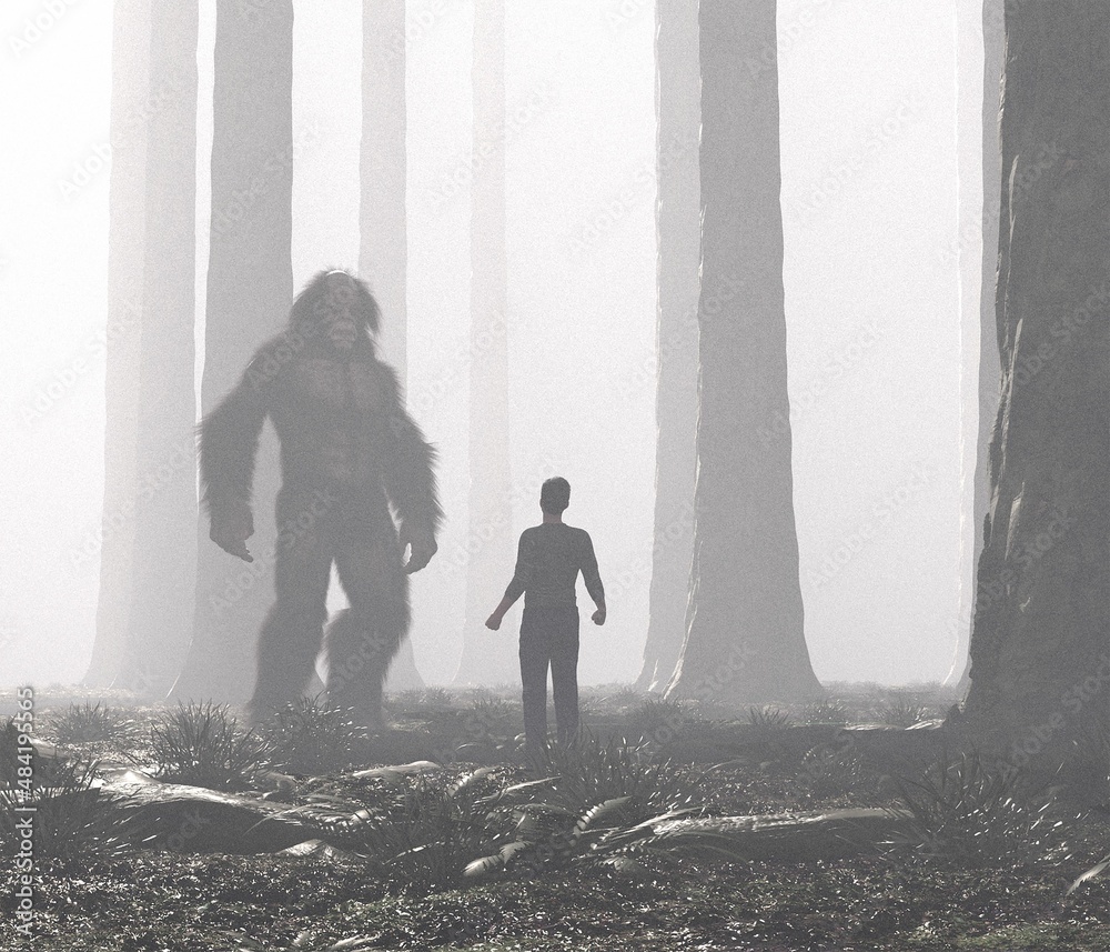 Giant Bigfoot creature and person facing one another in a mystical forest