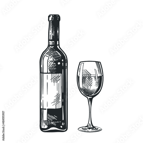 Wine bottle and wine glass isolated on white background, hand-drawing. Vector vintage engraved illustration.