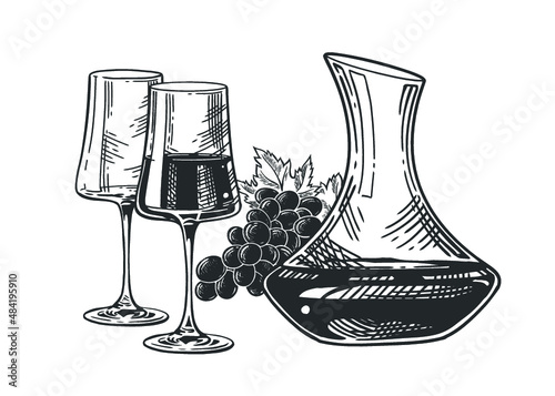 Composition of two wine glass, grape and decantor. Vintage vector engraving illustration for web, poster, invitation to party. Hand drawn design element isolated on white background.