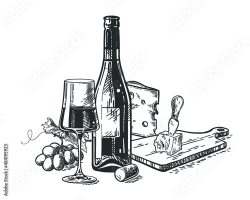 Composition of wine glass, bottle, chees and grape. Vintage vector engraving illustration for web, poster, invitation to party. Hand drawn design element isolated on white background.