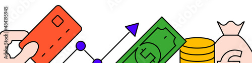Money and banking related horizontal banner or bottom border template background. Flat filled line vector illustration isolated on white.