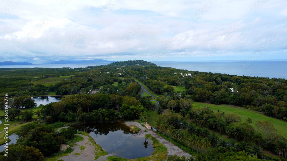 Aerial view of rainforrest roads and ocean in Port Douglas