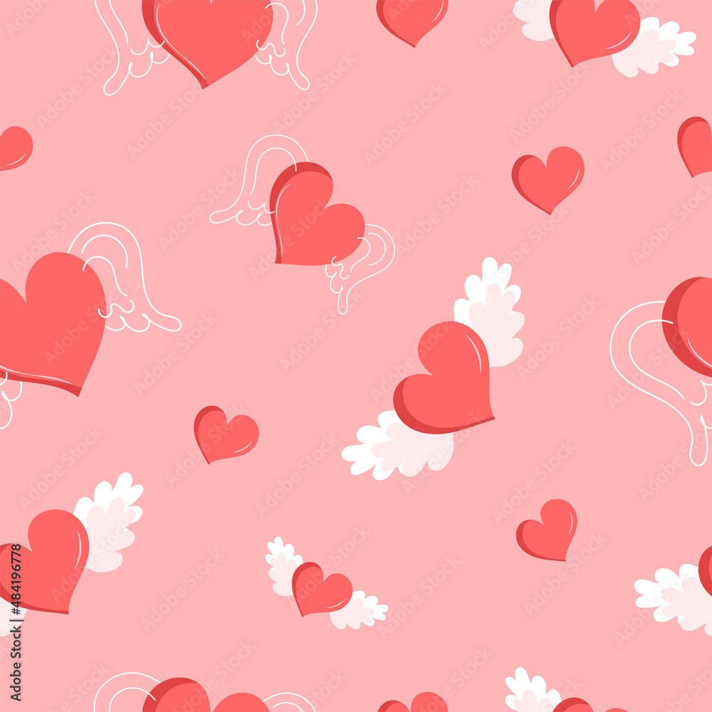 Valentine's day seamless pattern, a red hearts with wings on pink, light red background