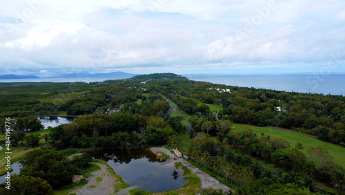 Aerial view of rainforrest roads and ocean in Port Douglas