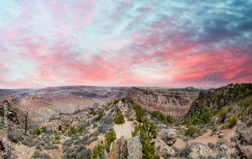 Panoramic aerial view of Grand Canyon South Rim at summer sunset.