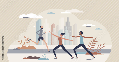 Sports outdoor as active urban lifestyle activities tiny person concept. Fitness in park and healthy activity in city park for wellness and vitality vector illustration. Yoga stretching and running.