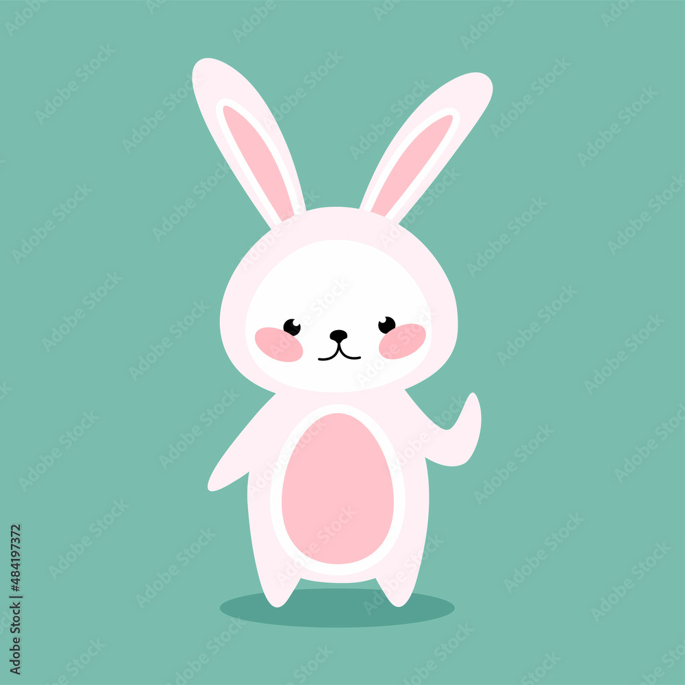 Cute pink rabbit with an egg-shaped belly on a mint background. Easter design. Vector illustration.