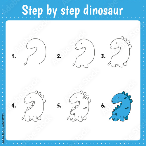 Drawing lesson for children. How draw a cartoon dinosaur. Drawing tutorial with funny cartoon dragon. Step by step repeats the picture. Kids activity art page for book.