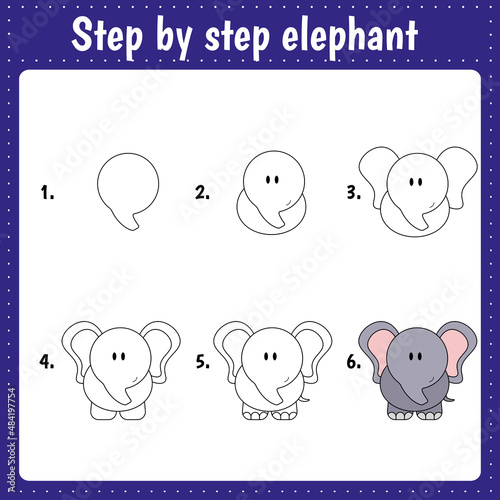 Drawing lesson for children. How to draw elephant. Drawing tutorial. Step by step repeats the picture. Kids activity art page for book. Vector illustration.