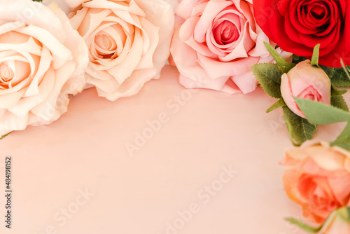 Roses on pastel stone background. Love concept valentines day. Copy space
