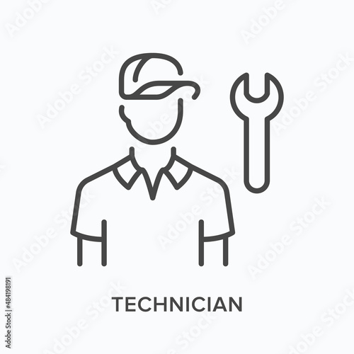 Technician flat line icon. Vector outline illustration of professional employee and wrench. Black thin linear pictogram for handyman