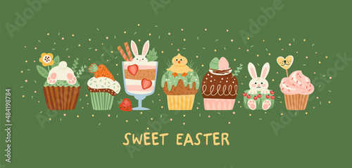 Easter illustration with funny sweets. Cupcake, cake, dessert with easter symbols. Vector design