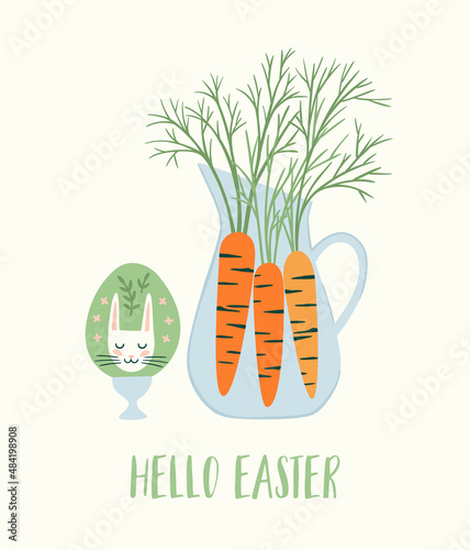 Easter illustration with egg and carrot. Easter symbols. Cute vector design.