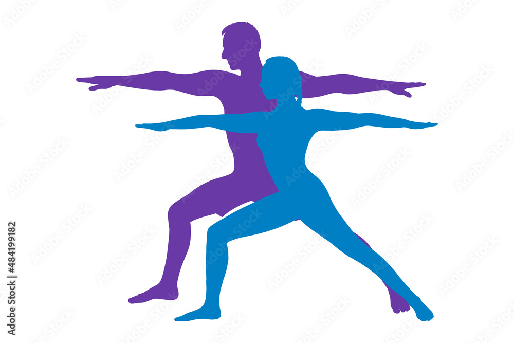 Yoga warrior asana or virabhadrasana I. Couple silhouette practicing yoga asana. Vector illustration isolated on white background