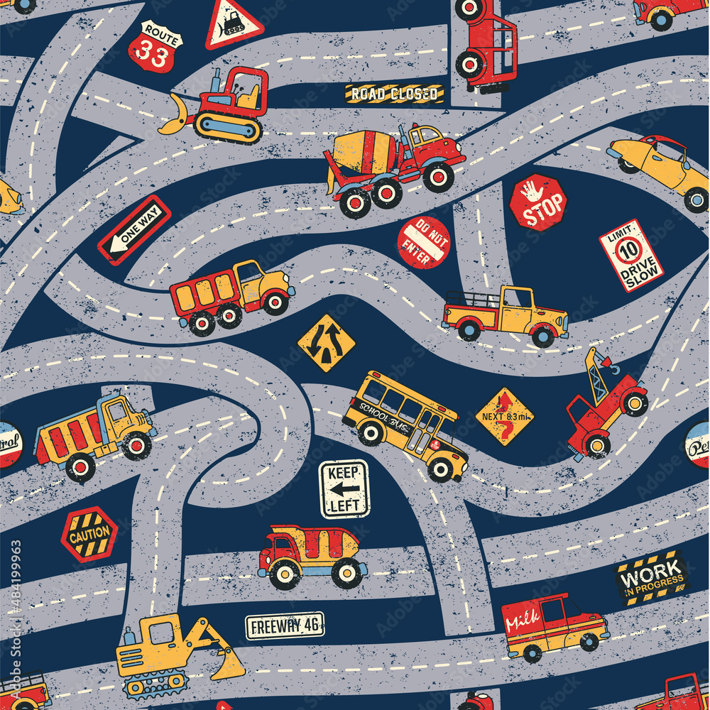 Cute car and truck road traffic map abstract vector seamless pattern print for children wear fabric 