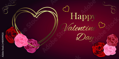 card or banner for a happy valentine's day in gold on a burgundy gradient background with a gold-colored heart where it is written February 14 with pink, red and fuchsia roses