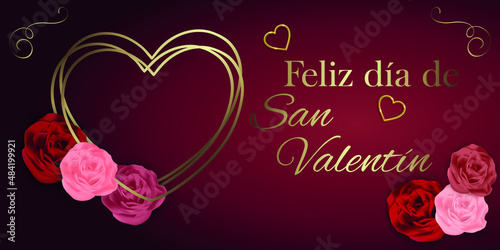 tarjeta o pancarta para un feliz día de san valentín en oro sobre un fondo degradado burdeos con un corazón dorado donde está escrito el 14 de febrero con rosas rosas, rojas y fucsias