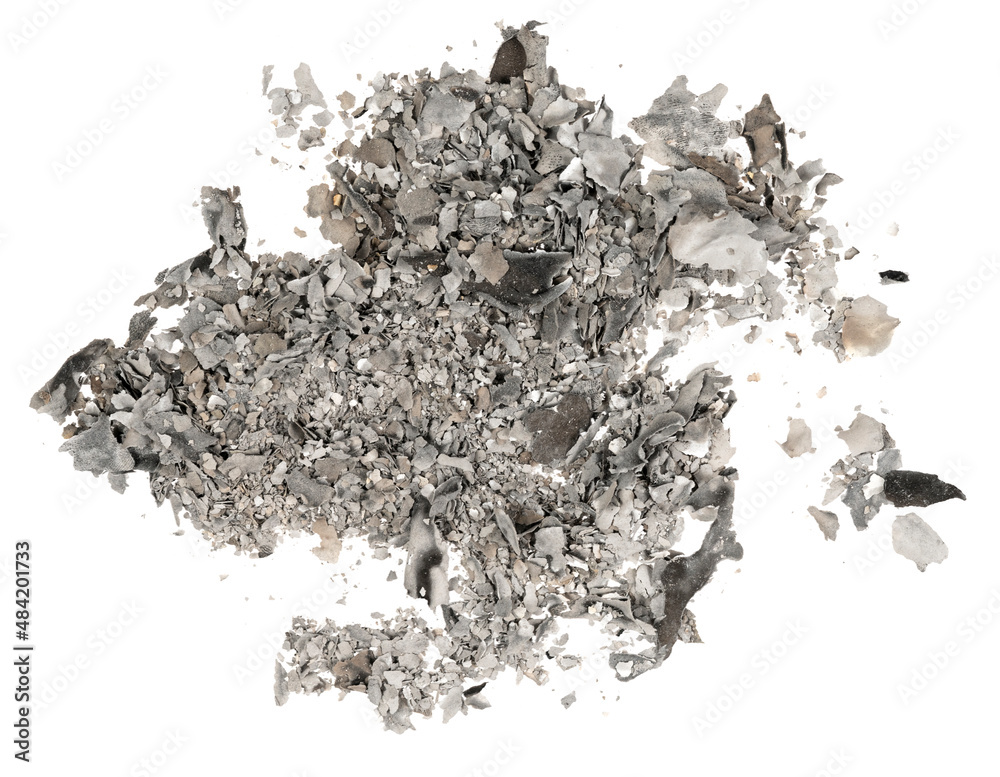 Burnt paper isolated white background. ashes texture. cinder close up