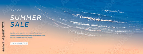 Summer sale horizontal banner. Vector beautiful realistic top view illustration of sandy summer beach
