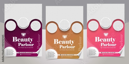 Beauty Salon Parlour Flyer Template Design pink, golden and purple with Photos Placeholder