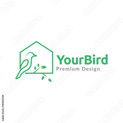 minimalist bird with cage and leaf logo design, vector graphic symbol icon illustration creative idea