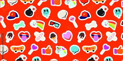 set of pop sticker illustrations arranged for the background pattern. simple doodle illustrations in cute and funny vector illustration graphics.