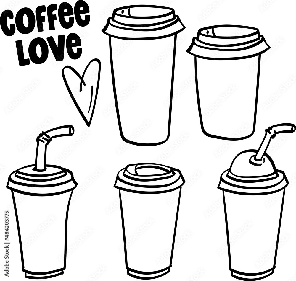 Coffee cup Hand drawn illustration. Take away mugs vector Doodle.