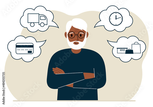Ordering and delivery process concepts. Happy grandfather and steps of a delivery order. Payment, delivery car, waiting hours and goods and purchases.