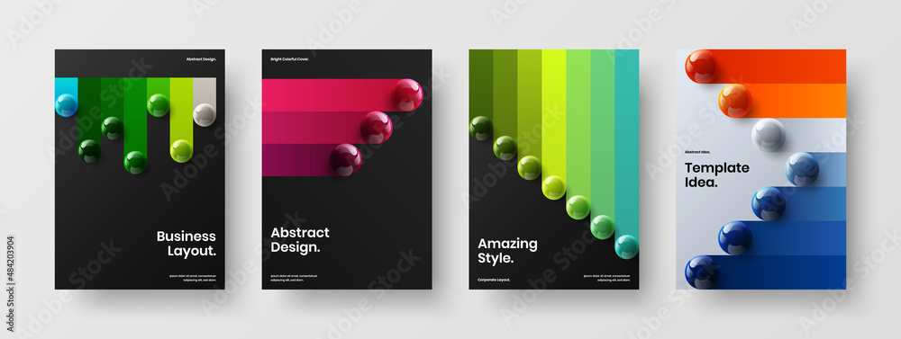 Modern corporate cover A4 design vector illustration collection. Amazing 3D balls brochure layout composition.