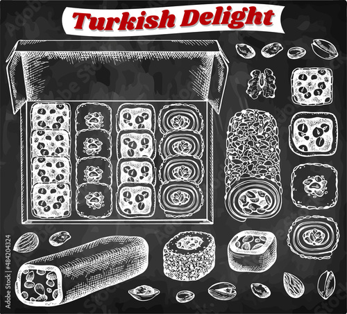 Chalk drawing Turkish delight isolated on blackboard. Sketch drawing jelly dessert with pistachio nut, chocolate, peanut, hazelnut. Engraving rahat lokum. Arabian sweet food. Vector illustration.