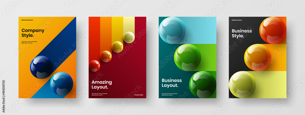 Colorful flyer vector design template set. Amazing 3D balls cover layout bundle.