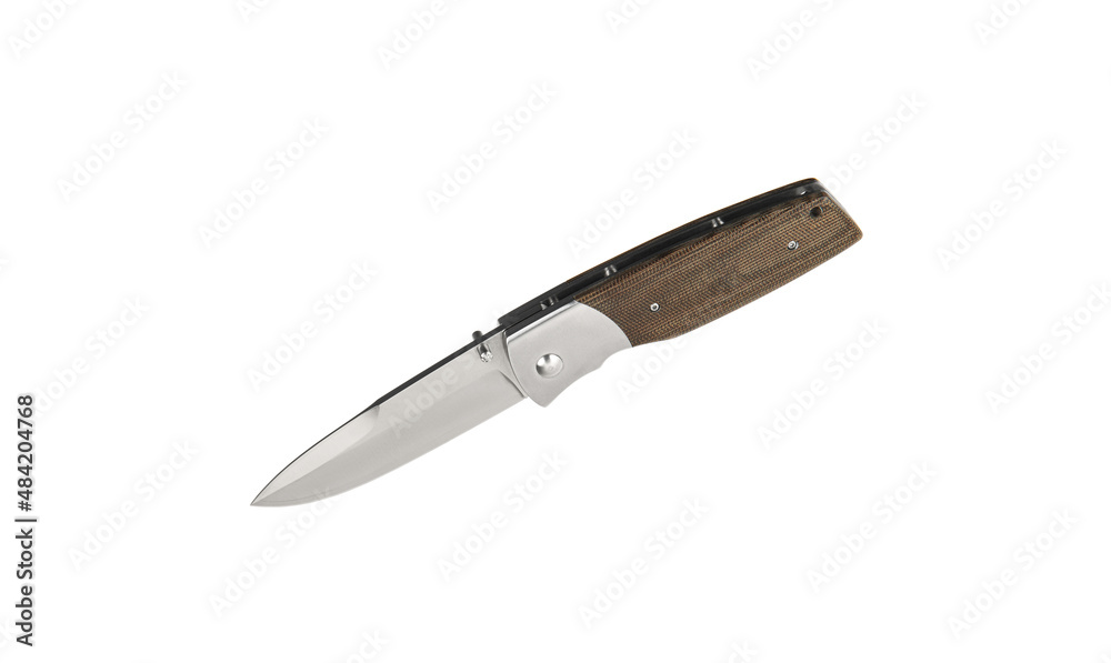 Pocket folding knife isolate on white back. Compact metal sharp knife with a folding blade. Pocket folding knife isolate on white back. Compact metal sharp knife with a folding blade.