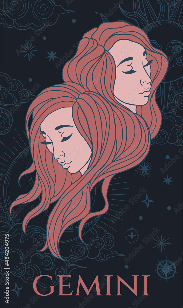 zodiac sign gemini, female portrait,  blue and red, with space (moon, sun and stars)