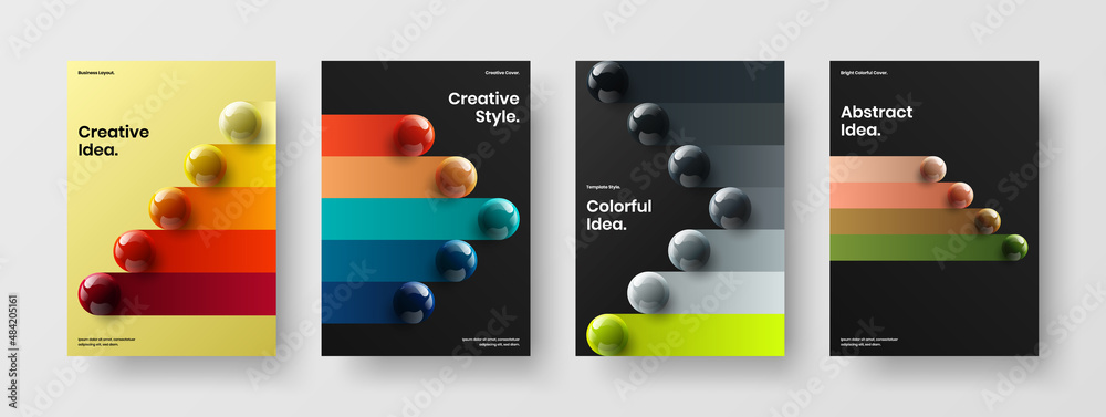 Bright catalog cover A4 design vector template composition. Premium realistic spheres pamphlet concept bundle.