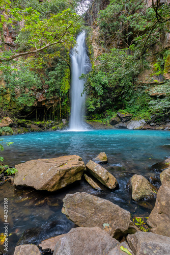 Fototapeta Naklejka Na Ścianę i Meble -  Catarata La Cangreja - Hidden waterfall surrounded by green trees, vegetation, rocks, leaves floating on green and clear water, Rincon de la Vieja National Park, Costa Rica Wilderness