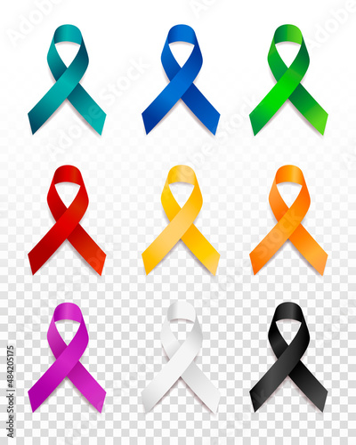 Ribbon awareness cancer set. Nine realistic most common colors ribbons. Design template for graphics. Vector illustration