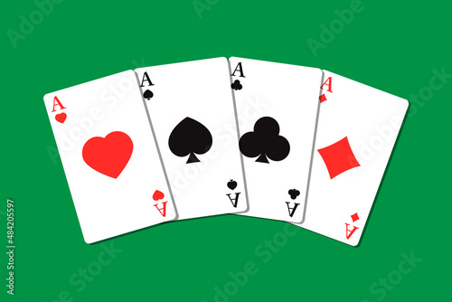 Set of four suits of playing cards. A winning poker combination of four aces.