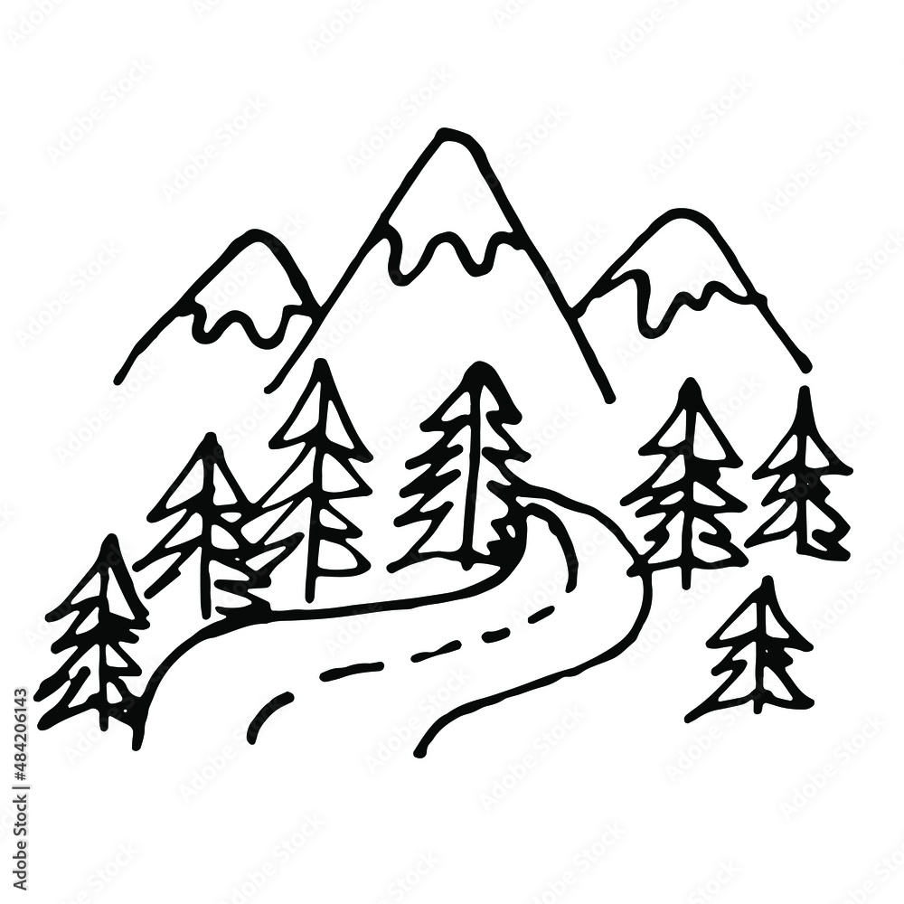 Obraz premium Mountains and forest. Vector illustration. hand drawn