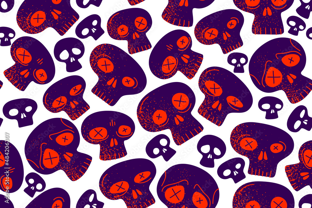 Skulls seamless textile pattern, horror sculls endless wallpaper background, cartoon style, death and heavy metal culture music fashion theme. Skulls seamless textile pattern, horror sculls endless wallpaper background, cartoon style, death and heavy metal culture music fashion theme.