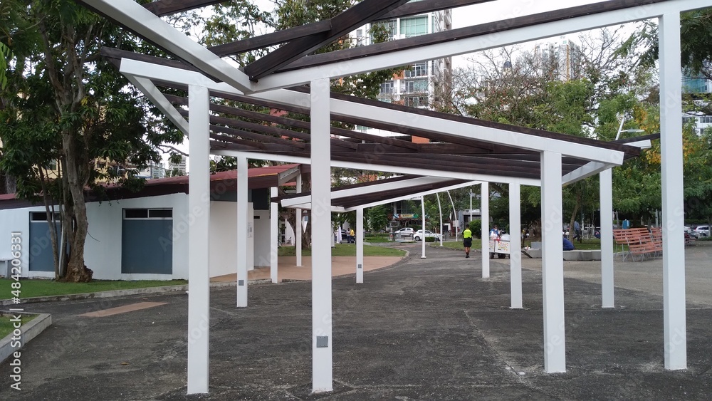 pergola type structure in park, outdoor