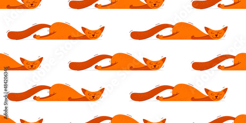 Funny cartoon cats sleeping seamless vector textile background pattern, asleep wallpaper or bedclothes for children, childish illustration image.