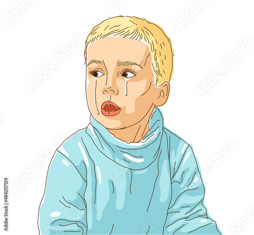 Crying little boy kid unhappy and emotional in tantrum vector illustration, cute child is crying with tears.