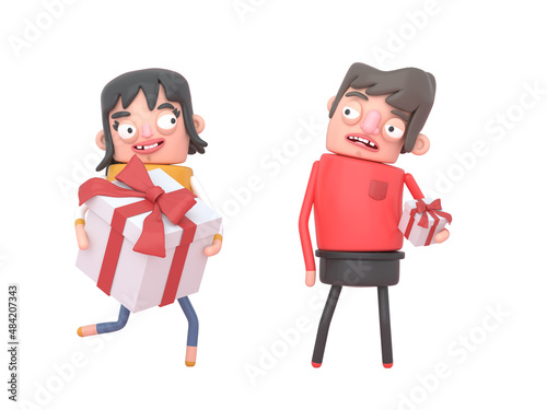 Woman holding a big gift packet and Man holding a small gift packet. Box. 3d illustration. Isolated