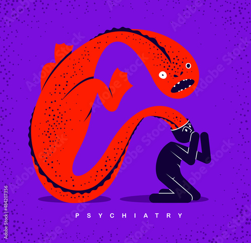 Psychical problems such as phobia psychosis schizophrenia hallucinations vector concept illustration in flat trendy style, psychiatry and psychology allegory, man with monster from his head.