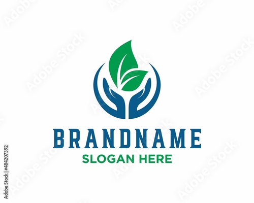 Leaf nature with hand logo vector