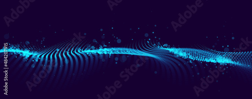 Dotted particles wave flow vector abstract technology and science background, big data flow, nanotechnology theme, beautiful abstraction design dots array cluster in wavy motion.