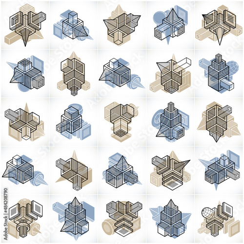 Abstract vectors set, isometric dimensional shapes collection.